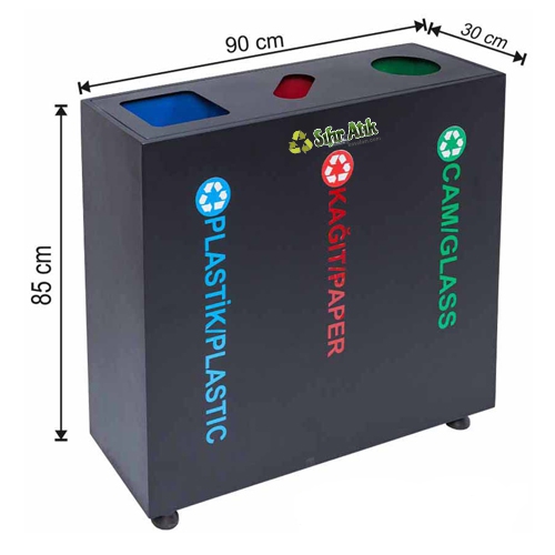 2509 Boyalı 3 Bölmeli Kovalı Sıfır Atık Geri Dönüşüm Seti