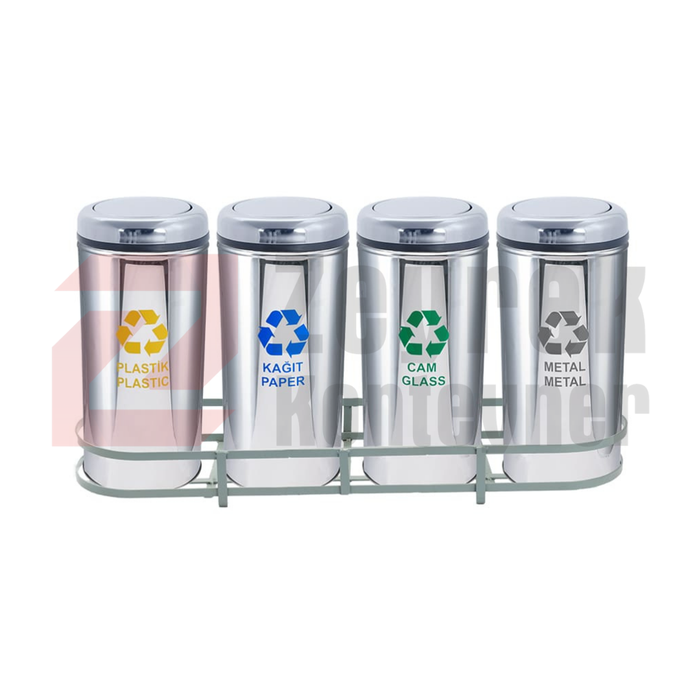 1002A Paslanmaz 4 Bölmeli Sıfır Atık Geri Dönüşüm Seti