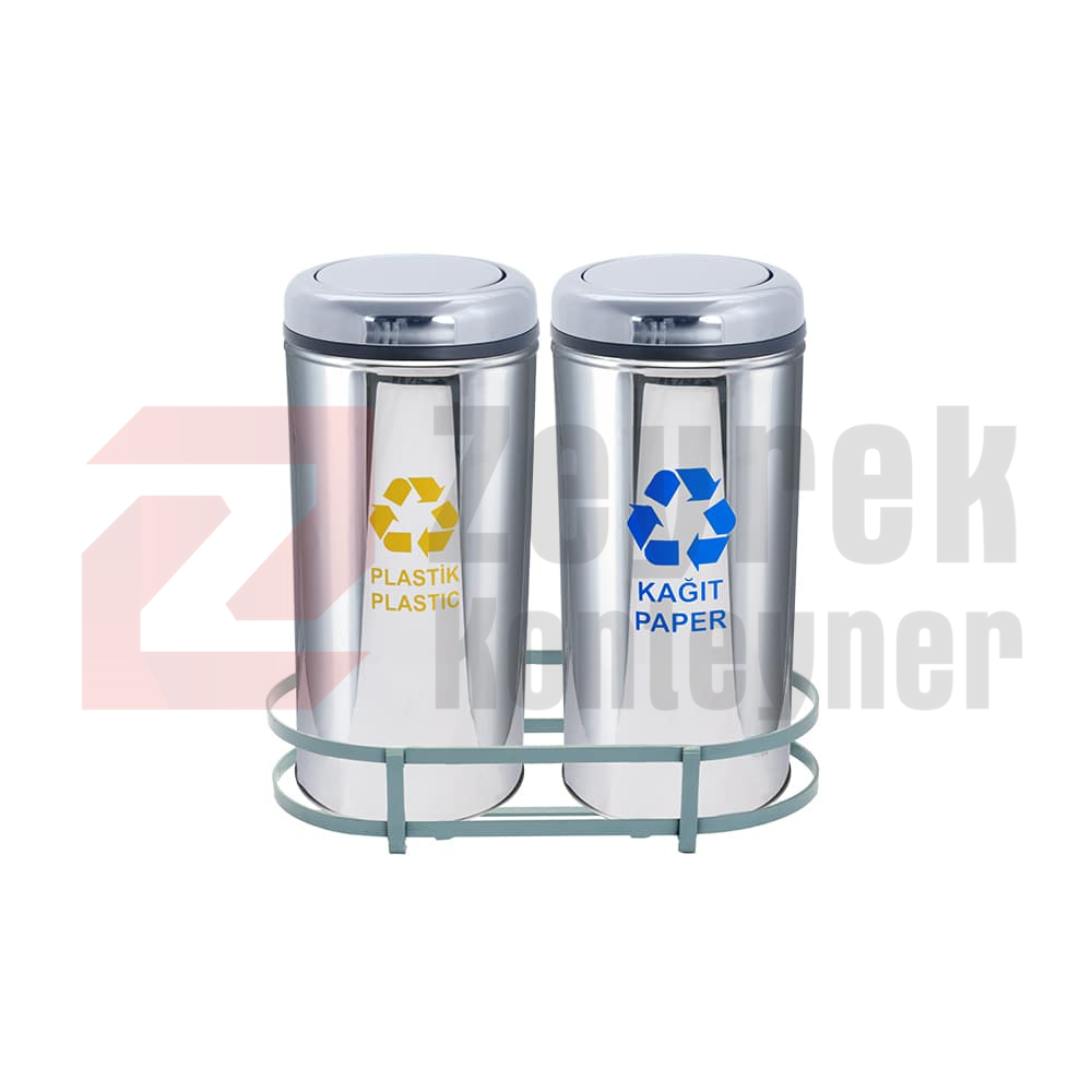 1002C Paslanmaz 2 Bölmeli Sıfır Atık Geri Dönüşüm Seti