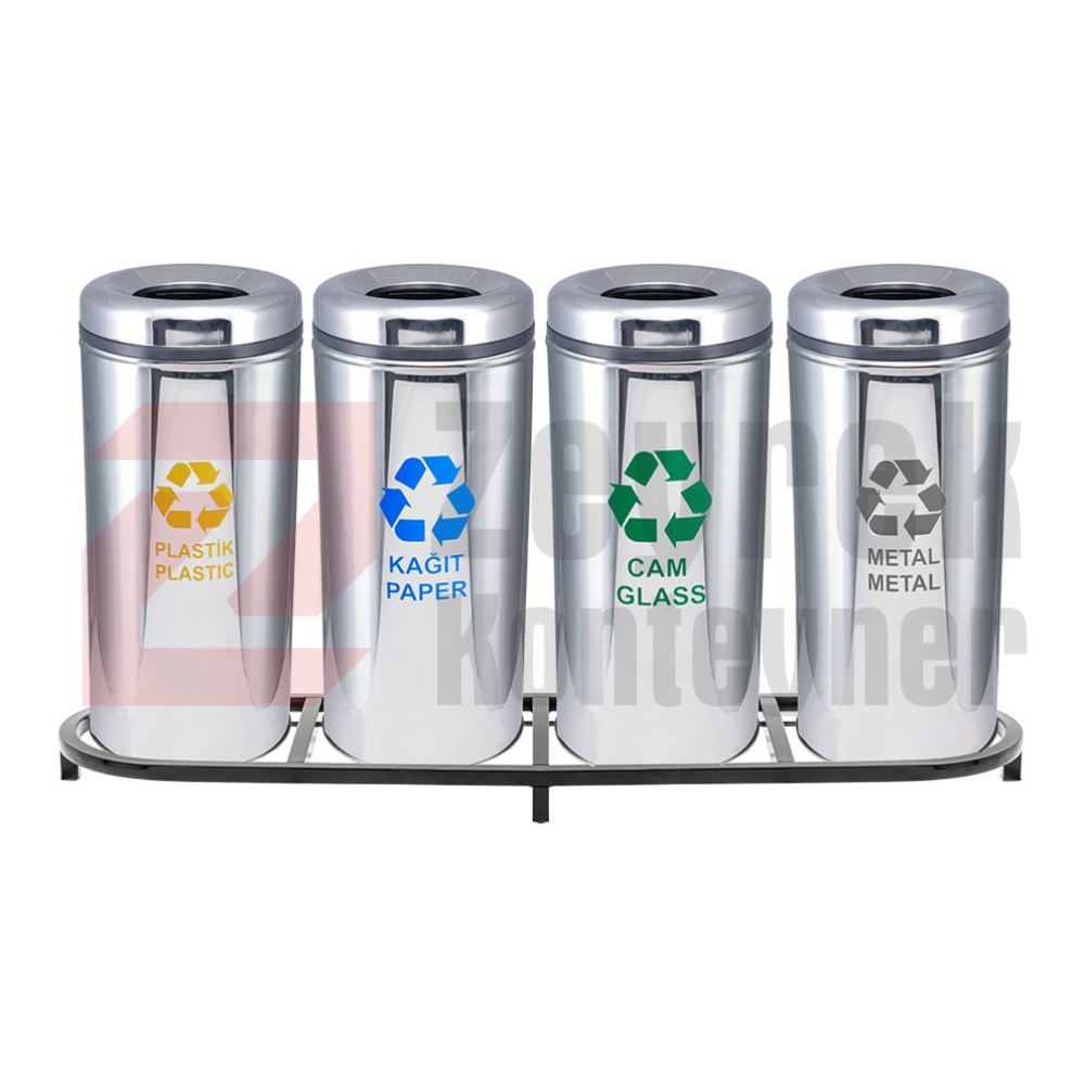 1004A Paslanmaz 4 Bölmeli Sıfır Atık Geri Dönüşüm Seti