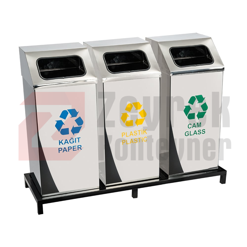 1018B Paslanmaz 3 Bölmeli Sıfır Atık Geri Dönüşüm Seti